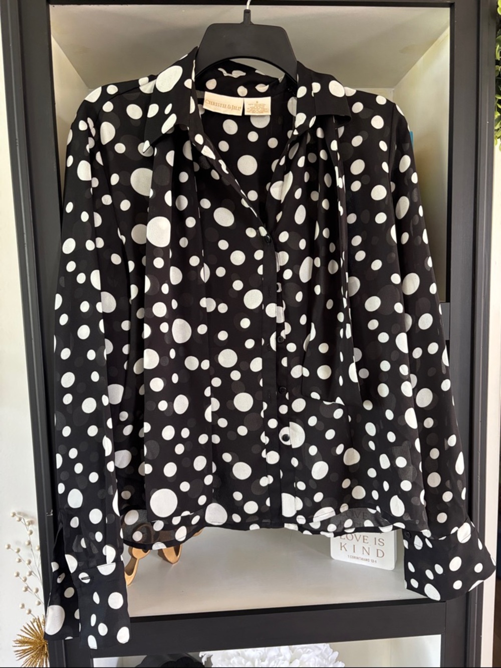 Black and White Polka Dot Blouse - Women's Long Sleeve Shirt